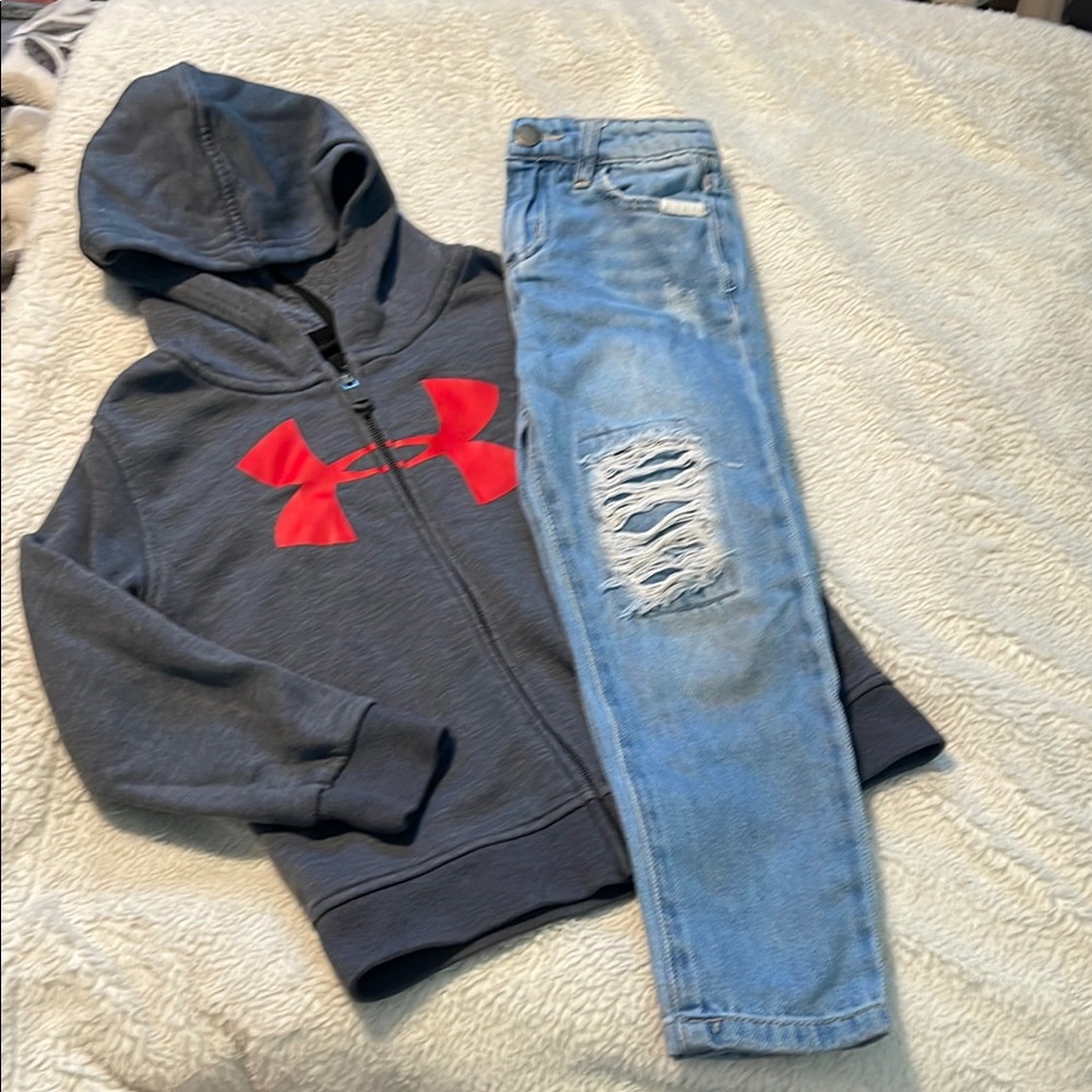 Under Armour Charcoal Hoodie with Red Logo and Cotton On Light Blue Jeans Sz 4T